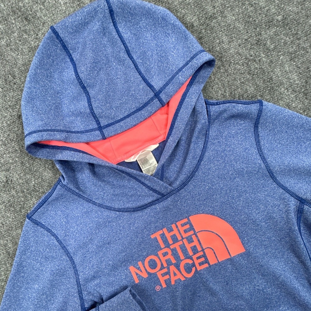 The North Face Womens Large Blue Heather Pink Logo Pullover Hoodie Sweatshirt